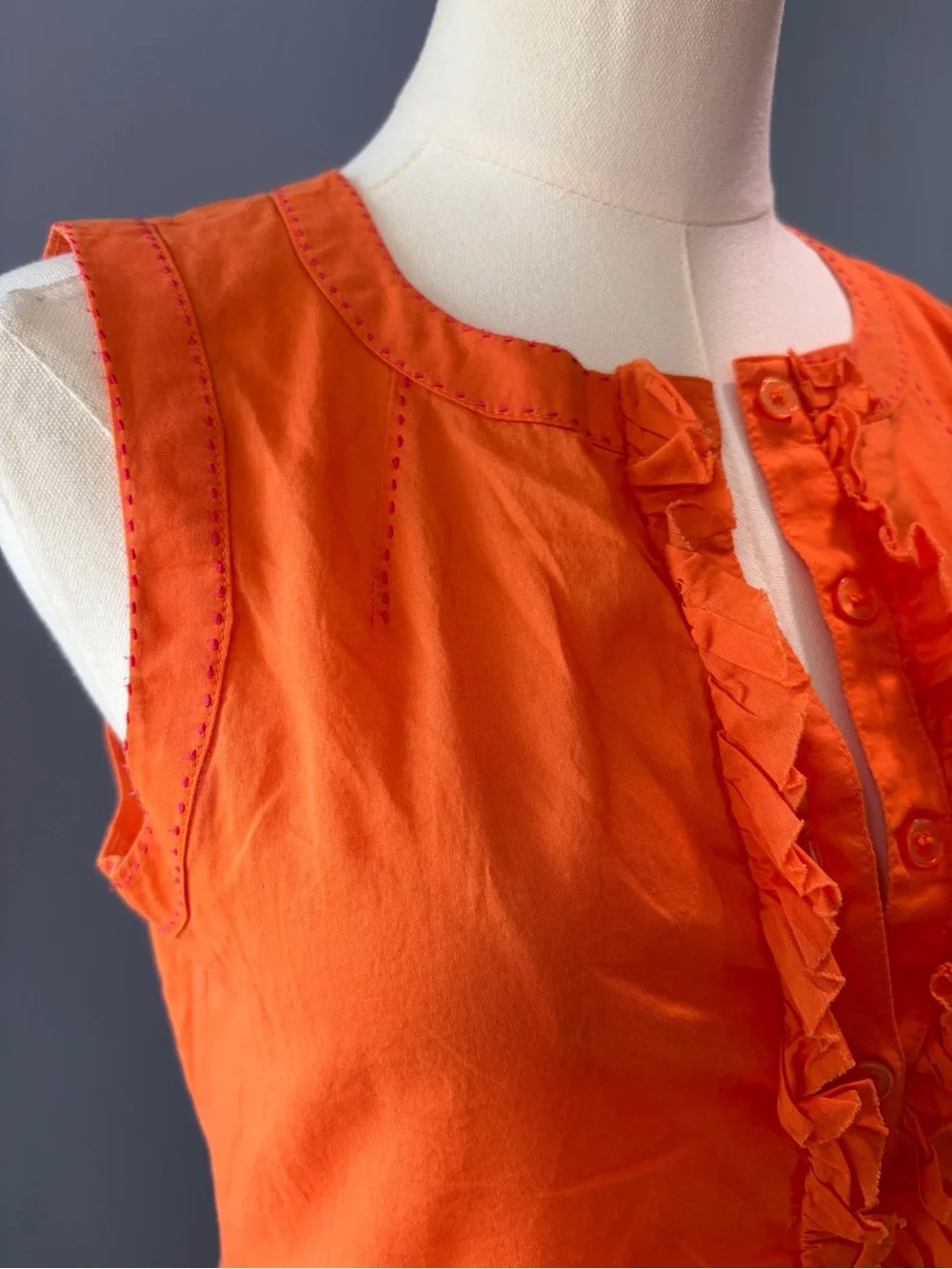 Tory Burch Orange 100% Cotton Ruffle Sleeveless Blouse Top Size 4